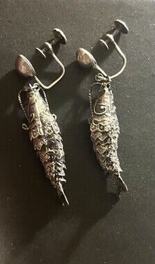 Sterling Silver Articulated Fish Screw Back Earrings. Pendant